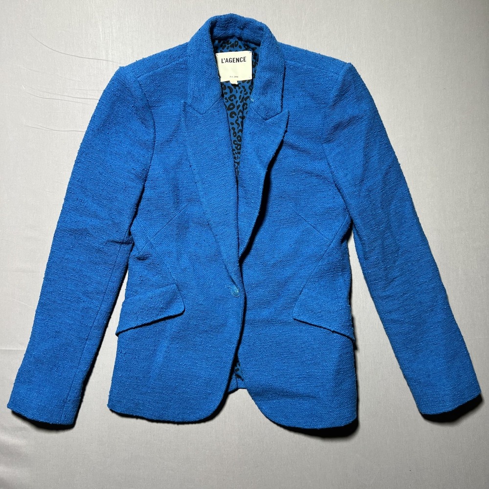 L'Agence Chamberlain Size 4 One Button Tweed Blazer Leopard Print‎ Teal Jacket